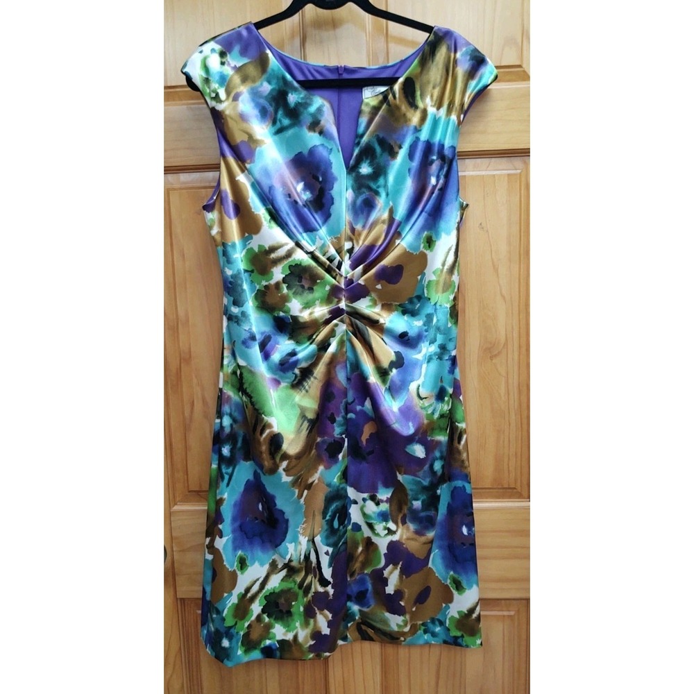 Dress Barn Size 16 Ruched Front & Back Zip Back Water Color Cocktail Dress